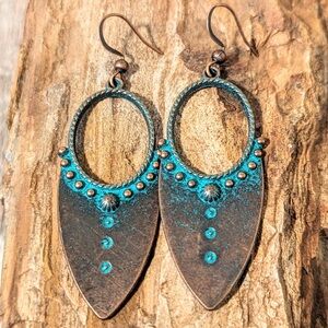 Bohemian Teardrop Copper Earrings Turquoise Accents NEW